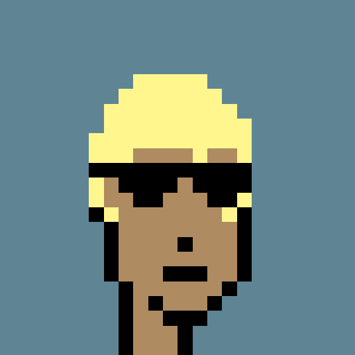 A pixel art style portrait of a person with blonde hair and a dark headband against a blue background.