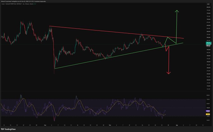 A TradingView candlestick chart for ZEC/USDT on Binance displays a contracting symmetrical triangle pattern, with red and green trendlines converging toward an apex near $530, annotated with red and green arrows indicating the projected bearish (~$300) and bullish (~$750) breakout scenarios referenced in the accompanying analysis.