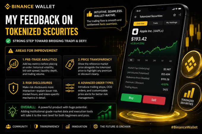 A Binance Wallet promotional graphic titled "MY FEEDBACK ON TOKENIZED SECURITIES" displaying AAPL.x at $193.42, highlighting points on pre-trade analytics, price transparency, risk disclosures, and advanced order types.