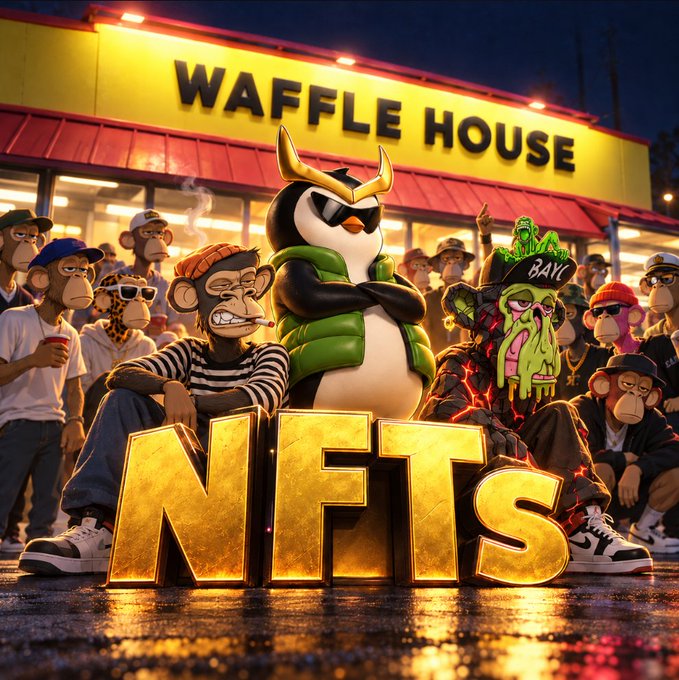 An AI-generated image shows various cartoon-style NFT characters, including a penguin with horns and sunglasses, gathered outside a "WAFFLE HOUSE" with large golden "NFTS" letters in the foreground.