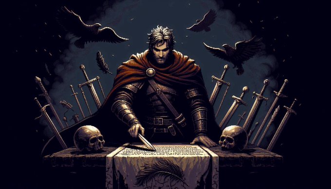 A dark fantasy digital illustration depicting a bearded warrior or king wearing a red cloak, signing a document with a quill at a desk adorned with skulls and surrounded by an array of swords, with ravens flying in the background.