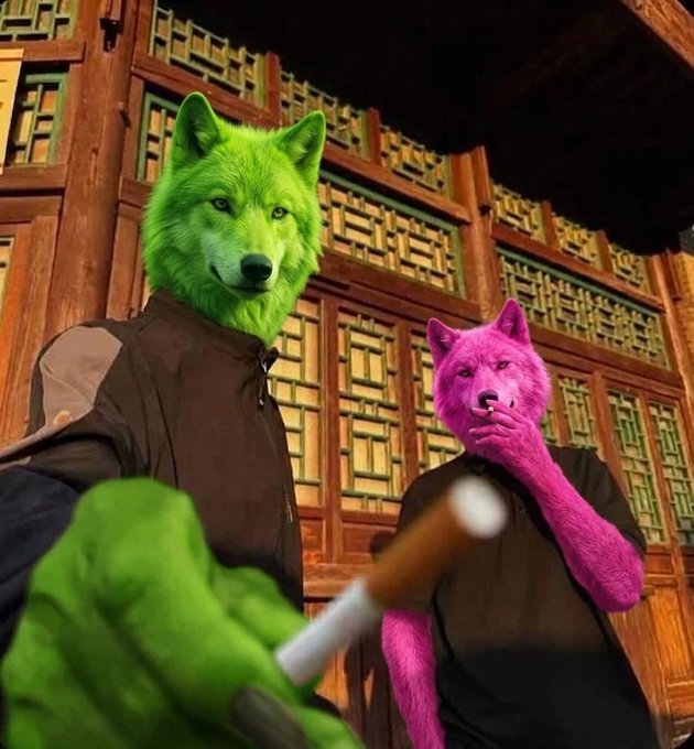 A digitally altered image showing two figures with wolf heads—one green and one pink—standing in front of an ornate traditional Asian wooden building, with the green wolf holding a cigarette.