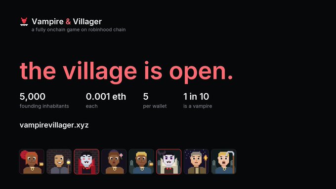 A promotional graphic for 'Vampire & Villager,' an onchain game on Robinhood chain, announces 'the village is open' with stats: 5,000 founding inhabitants, 0.001 eth each, 5 per wallet, and 1 in 10 is a vampire, featuring pixel-art character avatars.
