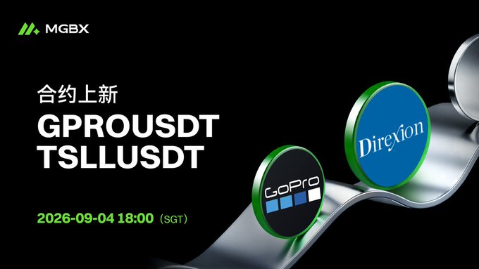 MGBX announces the listing of new contract trading pairs GPRO/USDT and TSLL/USDT, featuring GoPro and Direxion logos, scheduled to launch on September 4, 2026, at 18:00 (SGT).