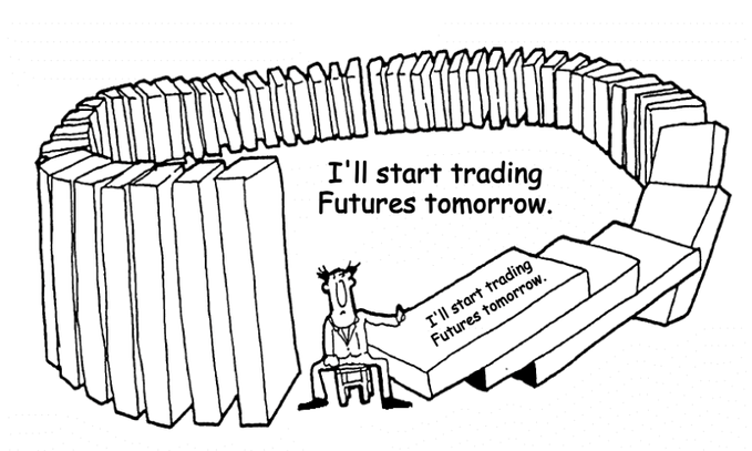 A cartoon man sits surrounded by towering dominoes reading "I'll start trading Futures tomorrow," with the same phrase written on the domino he's about to topple, humorously illustrating the accompanying post's urgency to "Take on the Futures First Challenge" and complete 5 Futures trades in July rather than endlessly postponing them.