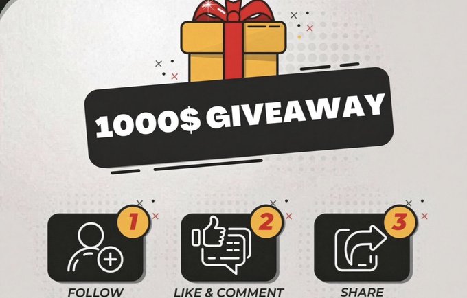 A promotional graphic for a $1,000 SOL giveaway featuring a yellow gift box with red ribbon at the top, a bold "1000$ GIVEAWAY" banner, and three numbered steps at the bottom: "1 FOLLOW," "2 LIKE & COMMENT," and "3 SHARE," outlining the entry requirements for the contest announced in the post.