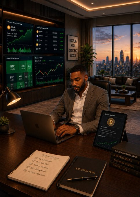 A focused trader works at his laptop in a high-rise office overlooking a sunset cityscape, with multiple screens displaying crypto market data for Bitcoin and other assets. An open notebook shows a checklist of market analysis tasks alongside an "Execution Plan" notebook, while a tablet displays Bitcoin research—visually reinforcing the post's bullish message to buy $HBADG and HODL.