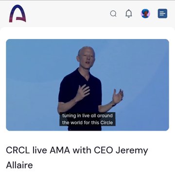 The image displays a video featuring a man who appears to be talking, wearing a black t-shirt with his arms outstretched as he speaks into a microphone. The caption of the image reads "CRCL Live AMA with CEO Jeremy Allaire". This suggests that the viewer may have missed the AMA event or is curious about its content and has decided to watch it again on video sharing platforms like Instagram, Facebook, or Twitter.