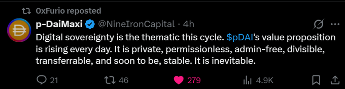A reposted tweet from verified account @NineIronCapital (p-DaiMaxi) argues that "Digital sovereignty is the thematic this cycle," highlighting that $pDAI is "private, permissionless, admin-free, divisible, transferable, and soon to be, stable" with 4.9K views, 279 likes, and 46 reposts—reinforcing the post's framing of pDAI's growing momentum and inevitable trajectory in the crypto space.