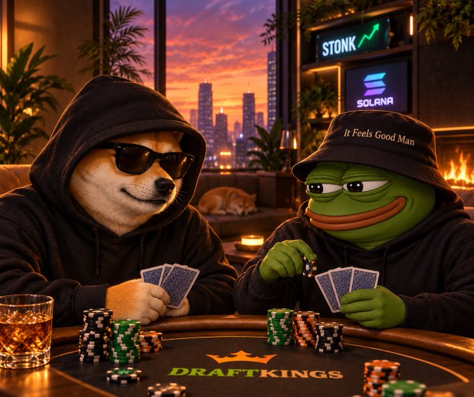 A digitally generated image of the Doge Shiba Inu and Pepe the Frog memes playing poker at a DraftKings casino table, with neon 'STONK' and 'SOLANA' signs in the background.