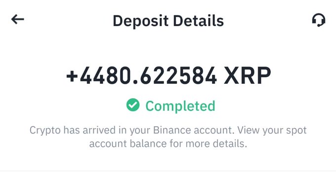 A screenshot of a Binance "Deposit Details" page showing a completed deposit of +4480.622584 XRP, likely used to demonstrate that the promoter has sufficient funds to back the 500 XRP giveaway raffle mentioned in the post.