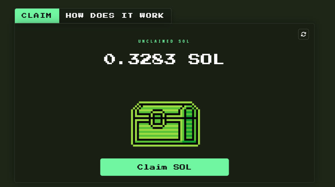 A dark-themed interface displays 'UNCLAIMED SOL' with a balance of '0.3283 SOL' above a green pixel-art wallet icon and a 'Claim SOL' button.