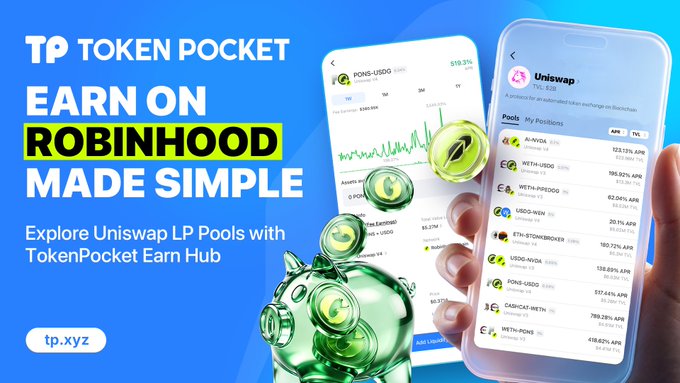A promotional banner for TokenPocket featuring the text 'EARN ON ROBINHOOD MADE SIMPLE - Explore Uniswap LP Pools with TokenPocket Earn Hub' alongside a pig-shaped piggy bank and a smartphone displaying Uniswap TVL and APR data for pools like PONG-USD0, METH-POND0, and WBTC-USDC.
