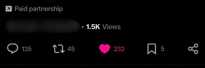 Social media video engagement metrics showing 1.5K views, 135 comments, 45 reposts, 232 likes, and 5 bookmarks.