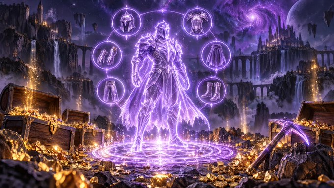 A fantasy digital artwork featuring a glowing purple-armored warrior with a flowing cape, surrounded by floating icons of armor pieces, standing on a magical sigil amidst piles of gold coins and treasure chests.
