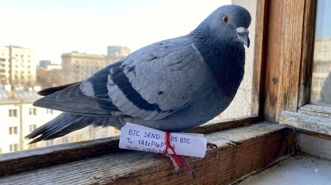 A carrier pigeon perches on a windowsill, its leg tagged with a small paper note reading "BTC SEND: 0.05 BTC To: 1A2zP4... Hash: a482..." — illustrating the post's point that a signed Bitcoin transaction, compressed into just a few hundred bytes, can be transmitted by any means, even by bird, and still be accepted by the network.