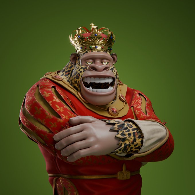 A 3D rendered character of a humanoid primate wearing a golden crown and an ornate red and gold royal outfit, smiling against a solid green background.