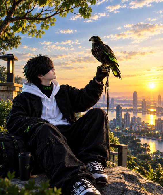 A young person in a black jacket sits on a rock overlooking a city skyline at sunset, holding a bird of prey perched on their gloved hand.