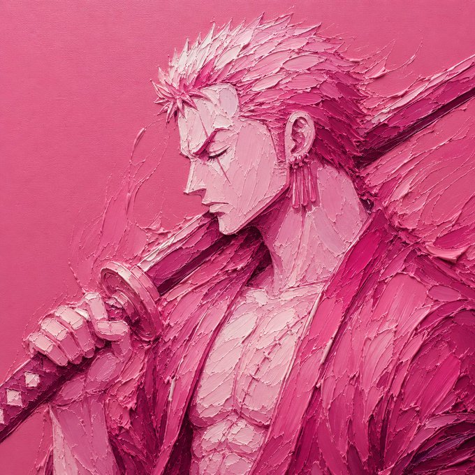 A pink monochromatic impasto painting depicts a swordsman with spiky hair and feathered cloak in profile, holding a sword hilt.