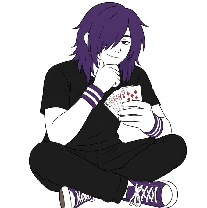 A black and white cartoon illustration of a character with purple hair, sitting cross-legged and holding a hand of playing cards (including the 10 of diamonds and Ace of spades).