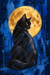 An artistic painting depicts a black cat sitting in front of a large, glowing full moon against a dark blue, textured background.