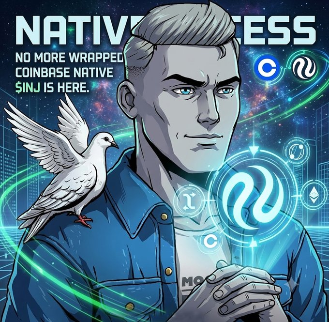A stylized comic-book illustration promoting 'NATIVE ACCESS' and 'Coinbase Native $INJ', featuring a man with a white dove on his shoulder surrounded by crypto logos.