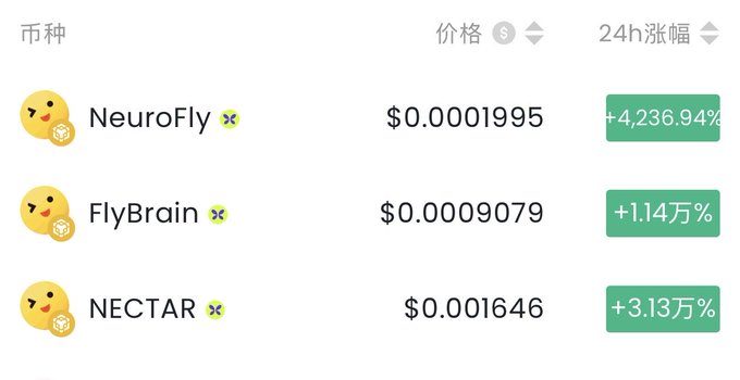 A cryptocurrency price chart in Chinese showing three tokens: 'NeuroFly' at $0.0001995 (+4,236.94%), 'FlyBrain' at $0.0009079 (+1.14万%), and 'NECTAR' at $0.001646 (+3.13万%).