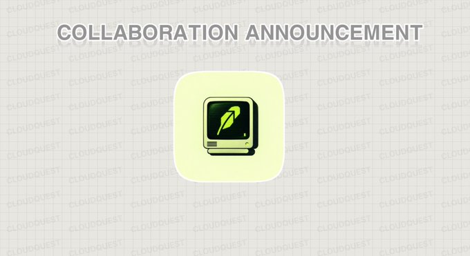 A 'COLLABORATION ANNOUNCEMENT' graphic featuring a stylized book icon on a light green background with 'CLOUDQUEST' watermarks throughout the design.