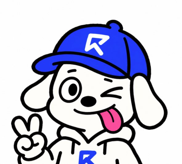 A cartoon illustration of a white dog-like mascot character winking, sticking out its tongue, and giving a peace sign, wearing a blue baseball cap with a white 'R' logo and a matching white shirt.