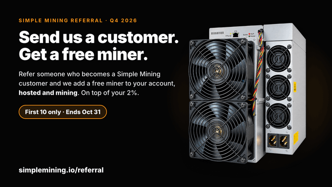 Promotional graphic for 'SIMPLE MINING REFERRAL - Q4 2026' offering a free miner for the first 10 referrals, showing an image of a cryptocurrency mining device.