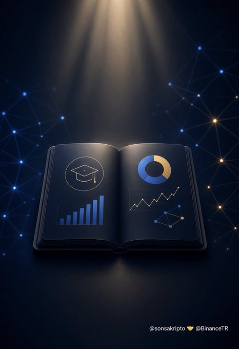 An open book illuminated by a spotlight displays educational icons including a graduation cap, bar chart, pie chart, and trend graphs, symbolizing structured learning. The handles "@sonsakripto" and "@BinanceTR" appear at the bottom, linking the image to the post's message about gradually piecing together crypto knowledge rather than learning it all at once.