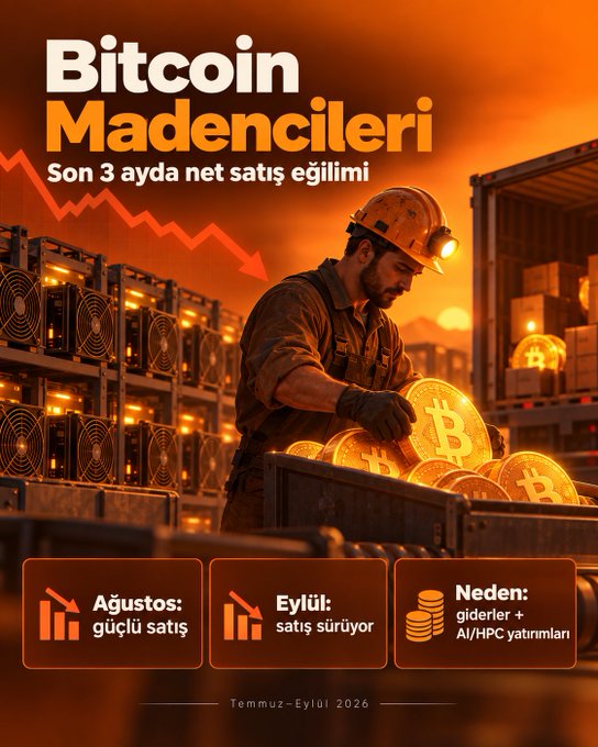 Turkish-language infographic titled "Bitcoin Madencileri" (Bitcoin Miners) about the last 3 months' net sales trend, featuring a downward red arrow and Bitcoin coins, dated July-September 2026.