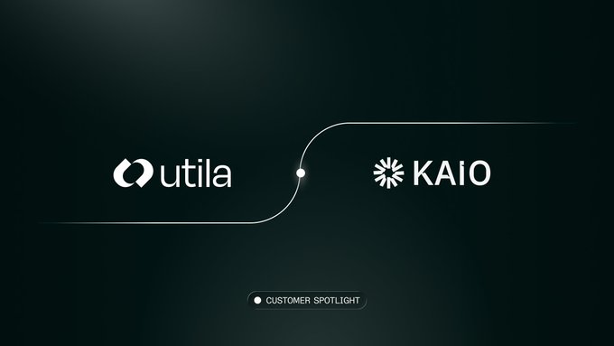 A sleek dark graphic announces a customer spotlight featuring the logos of "utila" and "KAIO" connected by a flowing line, illustrating the partnership in which KAIO is leveraging Utila's platform for its token treasury and stablecoin operations.