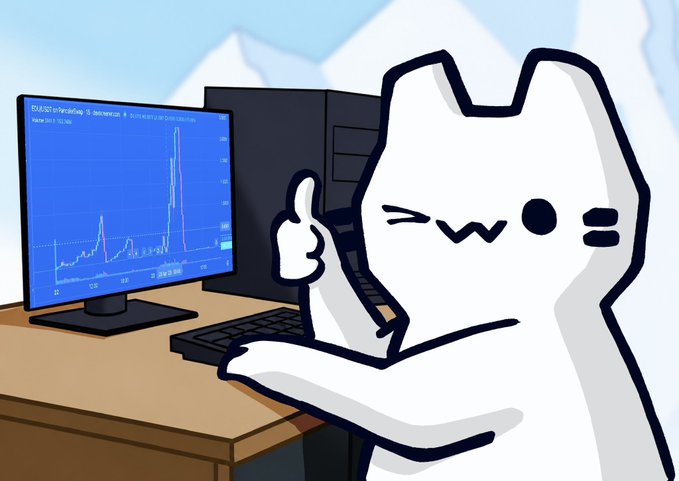 A cheerful white cartoon character gives a thumbs-up while sitting at a desk with a computer monitor displaying what appears to be a financial/trading chart with candlestick patterns, perfectly matching the casual "gm ct" (good morning crypto Twitter) greeting with its upbeat, market-watching vibe.
