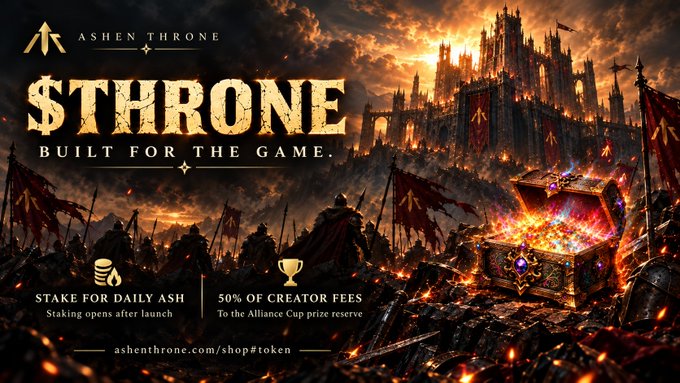 A promotional banner for "ASHEN THRONE" featuring a castle, army, and a glowing treasure chest, advertising a token sale with "STAKE FOR DAILY ASH" and "50% OF CREATOR FEES" at ashen throne.com/shop#token.