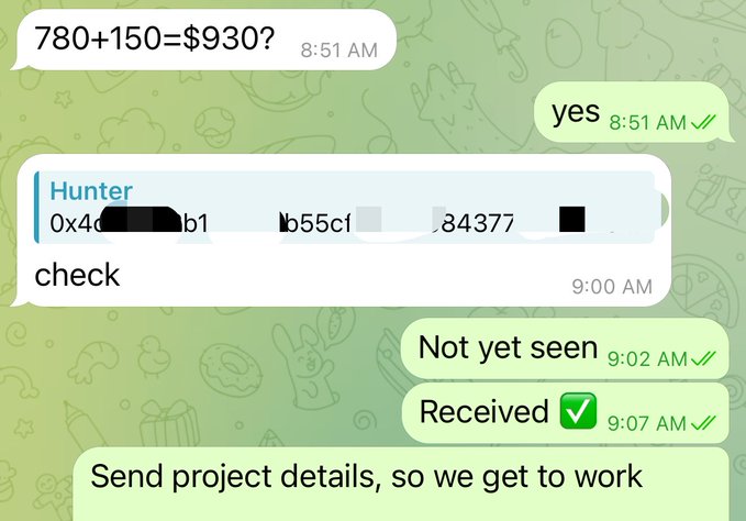 A WhatsApp conversation shows a scam-style negotiation where someone offers $780+$150 (totaling $930) for a web3 marketing gig, with the sender sharing a Bitcoin wallet address and pushing for project details despite the recipient not having seen the payment yet. The image illustrates the risky nature of taking web3 deals on DM, as the "received" confirmation appears before any verifiable transaction details are exchanged.