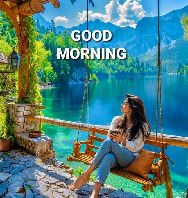 A 'GOOD MORNING' scene showing a woman holding a mug while sitting on a wooden swing overlooking a serene blue lake surrounded by mountains and forest.