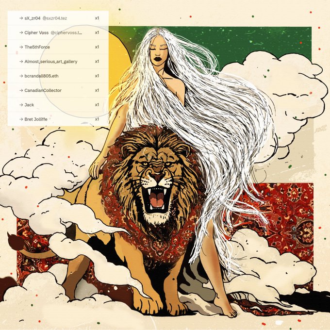 An artistic digital illustration of a white-haired woman riding a lion, with a follower list overlay showing names like 'Cipher Voss', 'The5thForce', and 'Bret Joilife'.