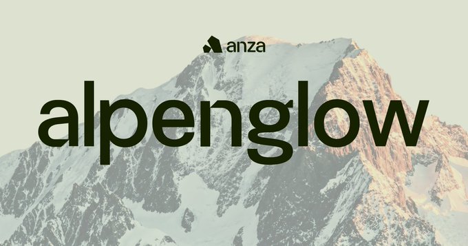 A promotional graphic features the black “anza” logo above the word “alpenglow,” set against a pale, snow-covered mountain peak. It visually supports the post’s excitement about the upcoming Alpenglow event and references Solana and the $SOL ticker.