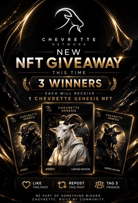 A gold and black promotional poster for a 'Chevrette Network NEW NFT GIVEAWAY' featuring 3 winners who will each receive 1 Chevrette Genesis NFT (limited edition goat character) for liking, reposting, and tagging 3 friends.