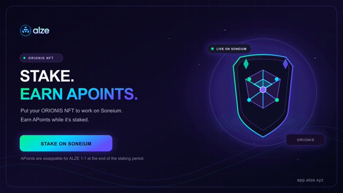 An advertisement for the 'alze' platform promoting 'ORIONIS NFT' with the text 'STAKE. EARN APOINTS. Put your ORIONIS NFT to work on Soneium. Earn APoints while it's staked' and a 'STAKE ON SONEIUM' button, noting 'app.alze.xyz'.