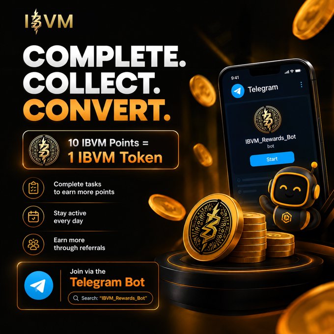 A promotional graphic for IBVM cryptocurrency featuring 'COMPLETE. COLLECT. CONVERT.' with '10 IBVM Points = 1 IBVM Token', a Telegram bot, and a cartoon mascot surrounded by gold coins.