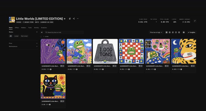 A screenshot of the OpenSea NFT marketplace showing the 'Little Worlds [LIMITED EDITION]' collection by 0xSIGNARY, with a floor price of 0.051 ETH and various colorful pixel-art NFT thumbnails.