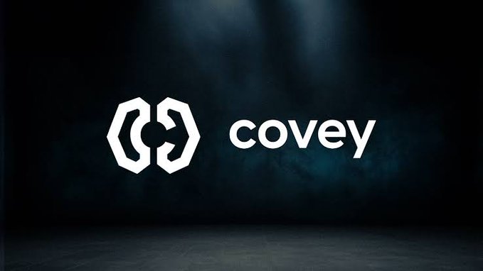 A logo featuring a geometric hexagonal symbol next to the word 'covey' in white text, set against a dark smoky background with a tiled floor.