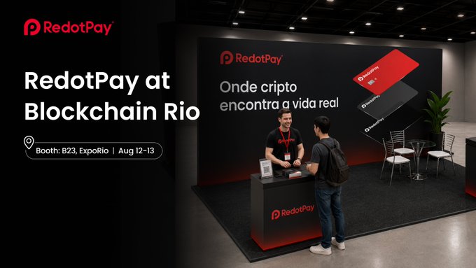 A promotional graphic for RedotPay's appearance at Blockchain Rio, featuring the company's logo, event details ("Booth: B23, ExpoRio | Aug 12-13"), and the tagline "Onde cripto encontra a vida real," alongside a photo of two people conversing at the RedotPay booth. The image visually supports the post's announcement of RedotPay's booth presence and side event at the conference.