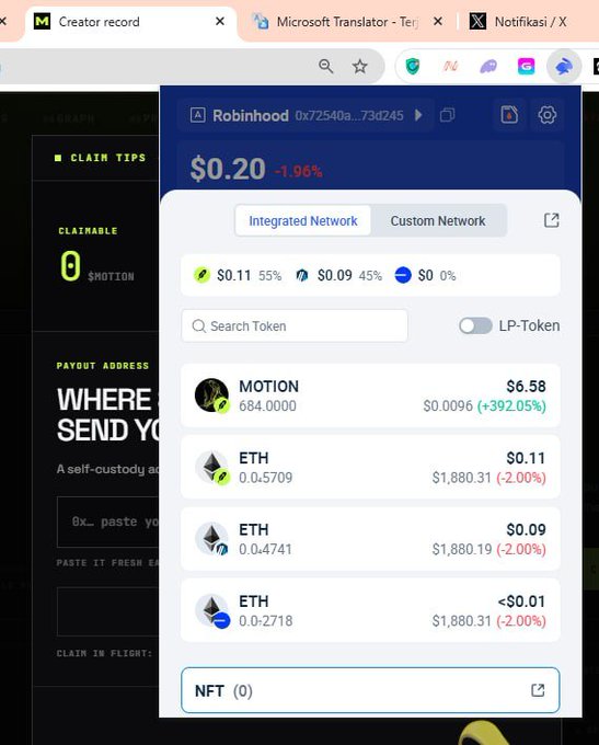 Screenshot showing a Robinhood wallet interface displaying $0.20 value, with token balances for MOTION (+392.05%) and several ETH entries, alongside an Integrated Network view.