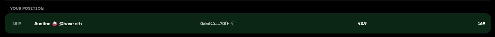 A digital interface displaying 'YOUR POSITION' with the entry '4519 Austin base.eth', wallet address '0xE6Cc...70fF', value '43.9', and number '169'.