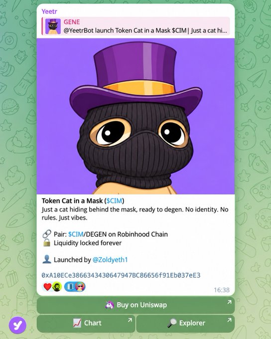 A Yeetr social media screenshot from user @YeetrBot announcing the launch of 'Token Cat in a Mask ($CIM)', featuring an illustration of a cat in a purple top hat and black balaclava, with trading info noting the $CIM/DEGEN pair on Robinhood Chain launched by @Zoidyeth1.