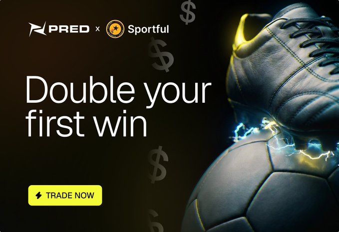 A promotional banner for a Sportful x PRED collaboration featuring a sleek soccer cleaver atop an electric-lit soccer ball, with the headline "Double your first win" and a yellow "Trade Now" button. The image visually reinforces the post's message by pairing sports imagery with financial symbols (dollar signs), tying Sportful's athletic brand to a crypto trading incentive.