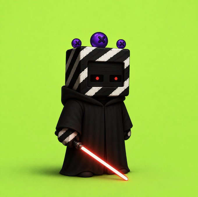 A 3D rendered character with a black and white striped boxy head, red glowing eyes, and three purple X-marked spheres on top, wearing a black robe and holding a red lightsaber against a green background.